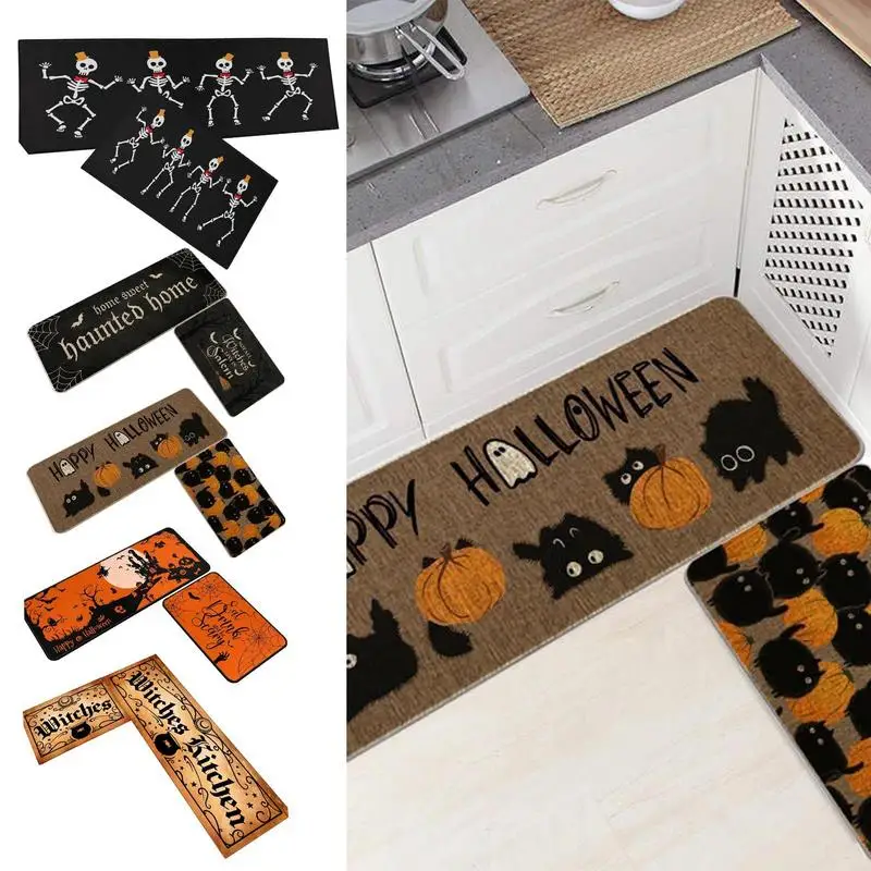 2pcs  Halloween Kitchen Mat Non-Slip Kitchen Floor Mats Halloween Carpet Under Sink Kitchen Runner Rug for Home Kitchen Bathroom