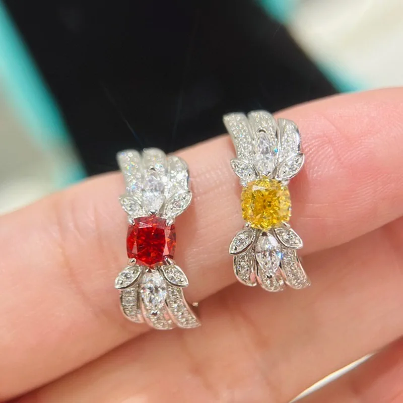 

S925Silver Light Luxury Pigeon Blood Red Goose Yellow Artificial Diamond Atmospheric Water Drop Feather Ring Female Sterling Sil