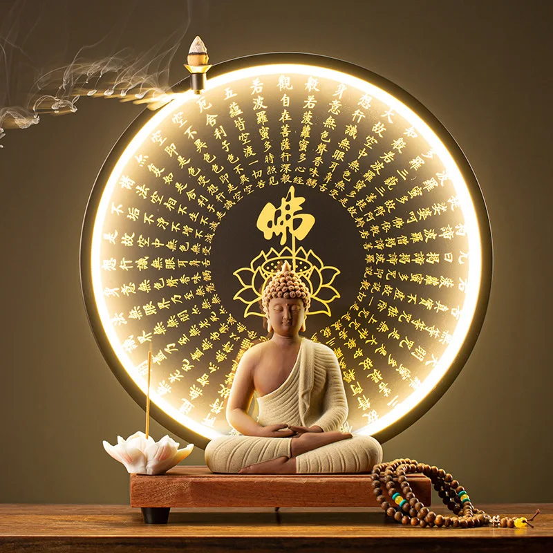 

Chinese Style Home Decor Ceramic Statue of Shakyamuni Buddha Buddha Amitabha Buddha's Backflow Incense LED Light Circle