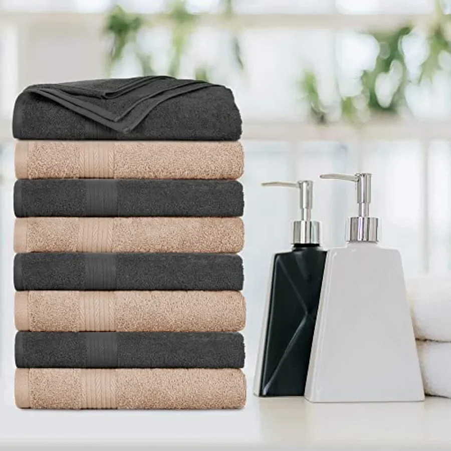 Bath Towels Set of 8 for Bathroom Hotel Spa Gym Kitchen 600 GSM 100 Cotton Beige Grey Absorbent Soft Premium Quality Machine Wa