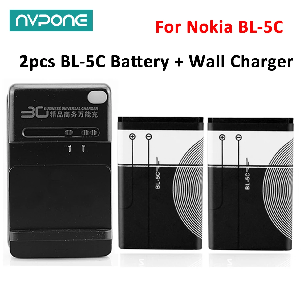 2pcs BL-5C Battery + Wall Charger for Nokia 1112 1208 1600 1100 1101 n70 n71 n72 n91 e60 BL5C BL-5C Replacement Backup Battery