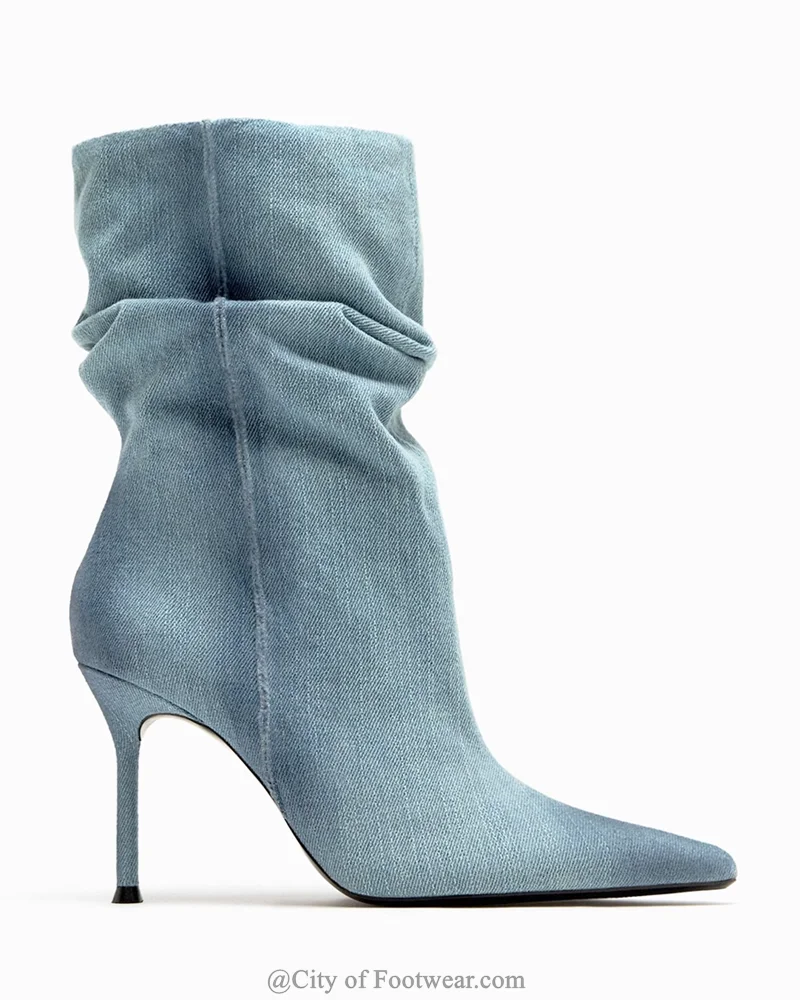 

Women Western Blue Denim Ankle Boots Black Pointed Toe High Heels Cowboy Boots Winter New in Luxury Designer Comfy Shoes