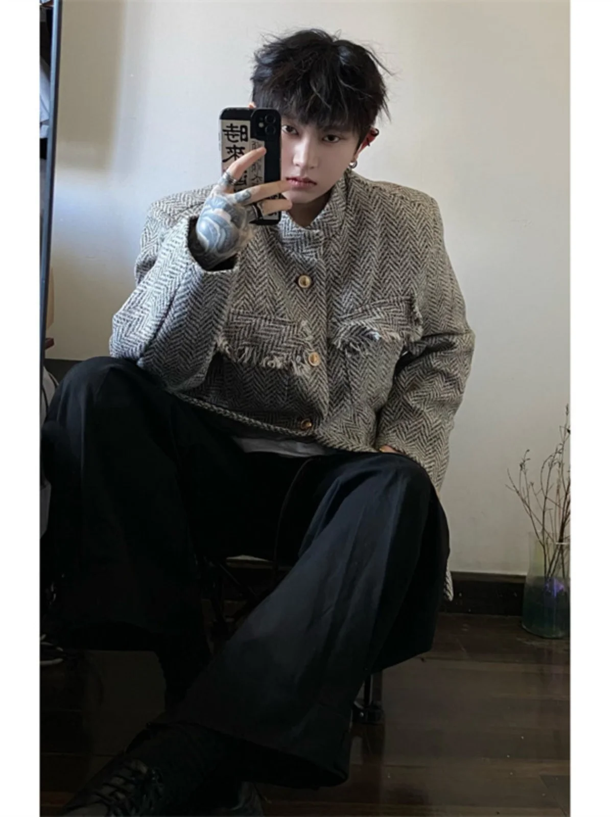 

ay Tweed Men's Jaet Spring Autumn High Design Sense Retro American Sle Stand Collar Coat Button Decoration Iron Free Co...