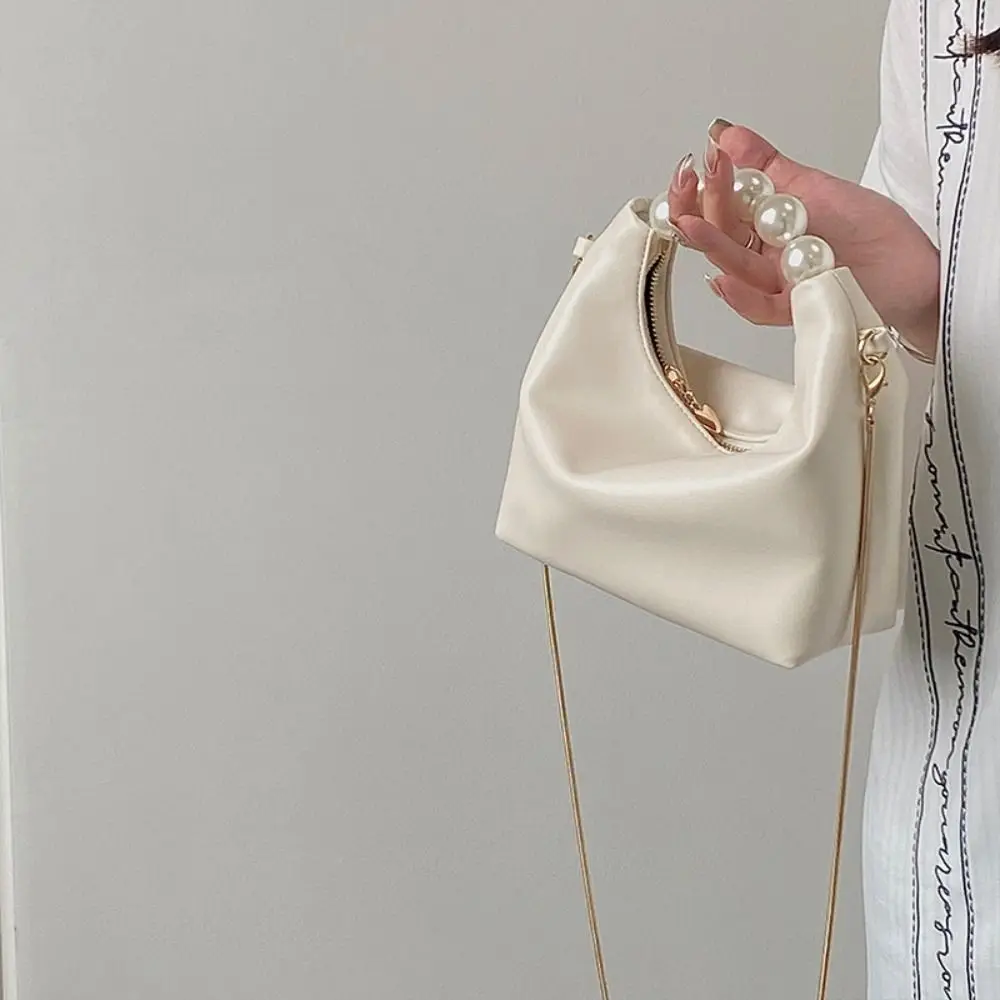 Bolso de mano informal con asa de perla y cadena de hueso de serpiente para mujer, bolso de cadena de estilo coreano, bolso de nube de PU, bolso cruzado de Color sólido, billetera