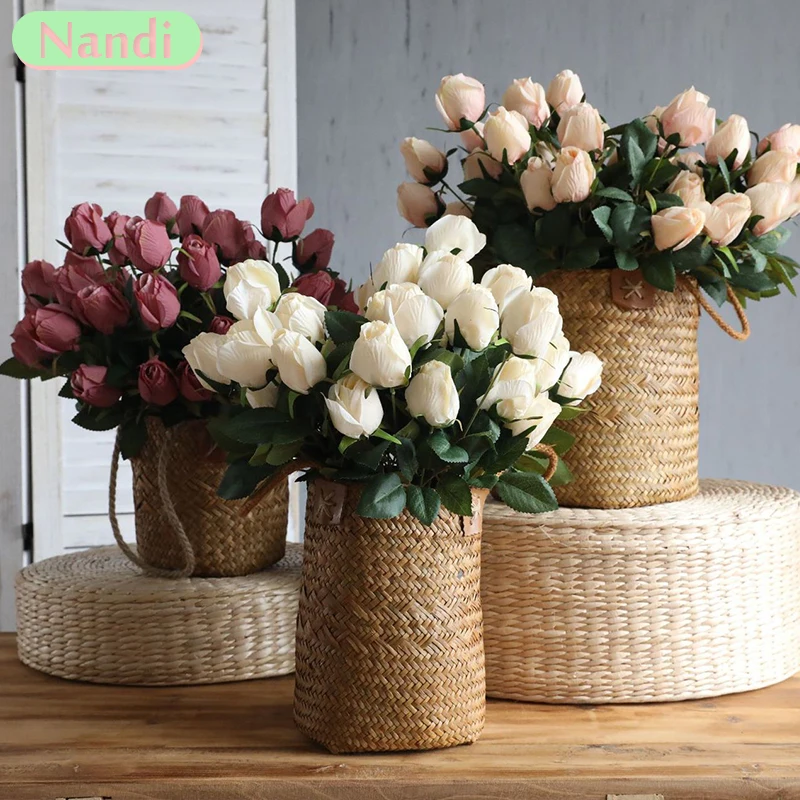 46cm Artificial Flower Bud Rose Bouquet Hydrangea Peony Retro Bride's Holding Fake Plant Home Wedding Decoration Accessories