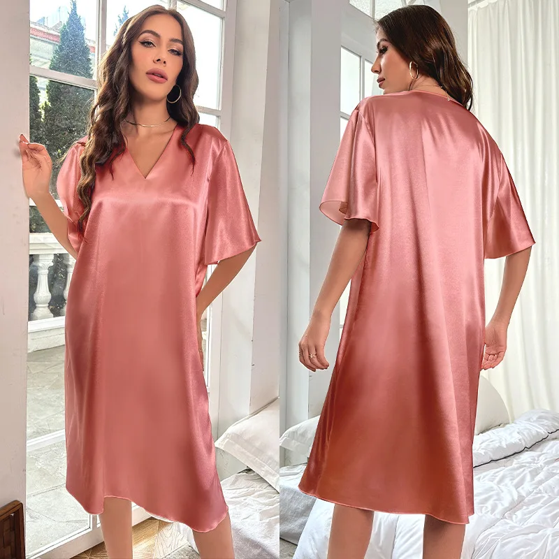 Amazon Large Size Ice Silk Pajamas Women's Summer Cool Feeling Thin Loungewear Long Women's Pajamas Comfortable and Breathable
