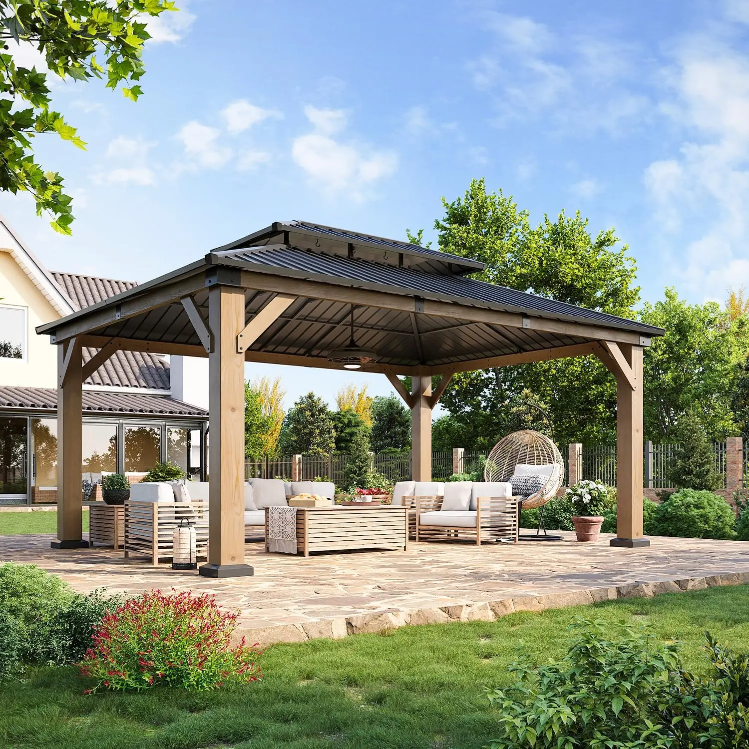 12' x 16' Wood Hardtop Gazebo with Galvanized Steel Double Roof for Outdoor Use