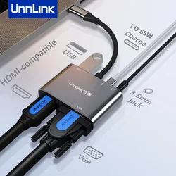 Unnlink USB C 허브, U 디스크 PC TV용 외장 그래픽 카드, C 타입 to 4K HDMI VGA USB 3.0, 3.5mm 잭, PD 55W 컨버터