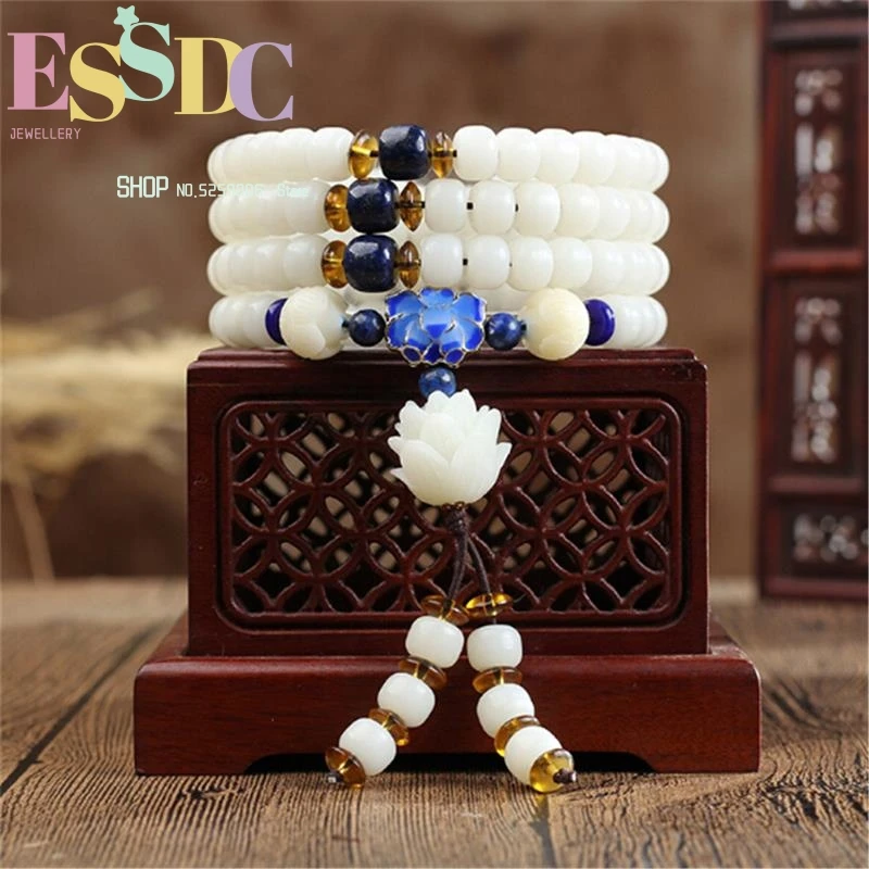 

Buddhist Natural White Bodhi Root 108 Mala Bucket Beads Bracelet or Necklace with Cloisonne Lotus for Men and Women Wholesale