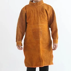 Ropa de soldadura de cuero de vaca para hombres, traje de delantal de soldadura resistente de 105CM de largo, abrigo resistente a las llamas y al desgaste con mangas