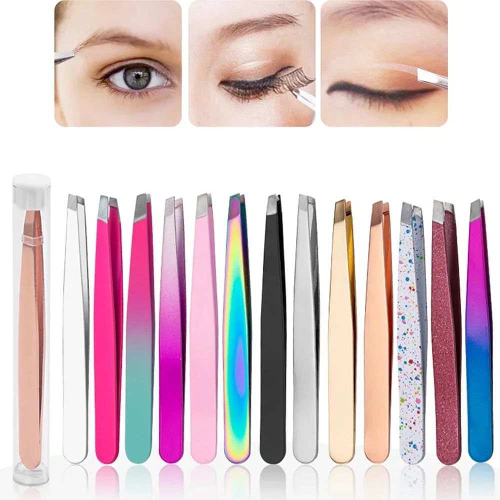 Pinzette für Wimpern- und Gesichtsbehaarung aus Edelstahl |   Professionelles, schräges Design mit flacher Spitze |   Präzisions-Make-up- und Haarentfernungsgerät für