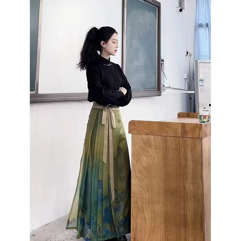 Traditional Daily Hanfu Women's Chinese Style Suit Embroidery Sleeve Horse-face Pleated Skirt Fashion Street Wear Clothing