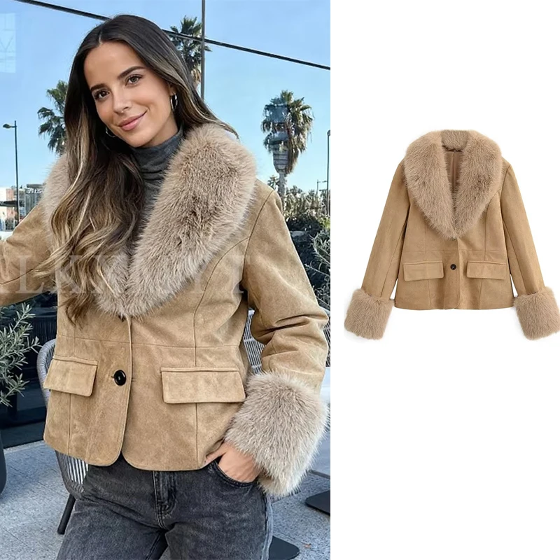 

Женская замшевая куртка 2024, осень-зима, модное короткое пальто с меховым воротником, куртки на пуговицах с длинными рукавами, женское уличное пальто для отдыха