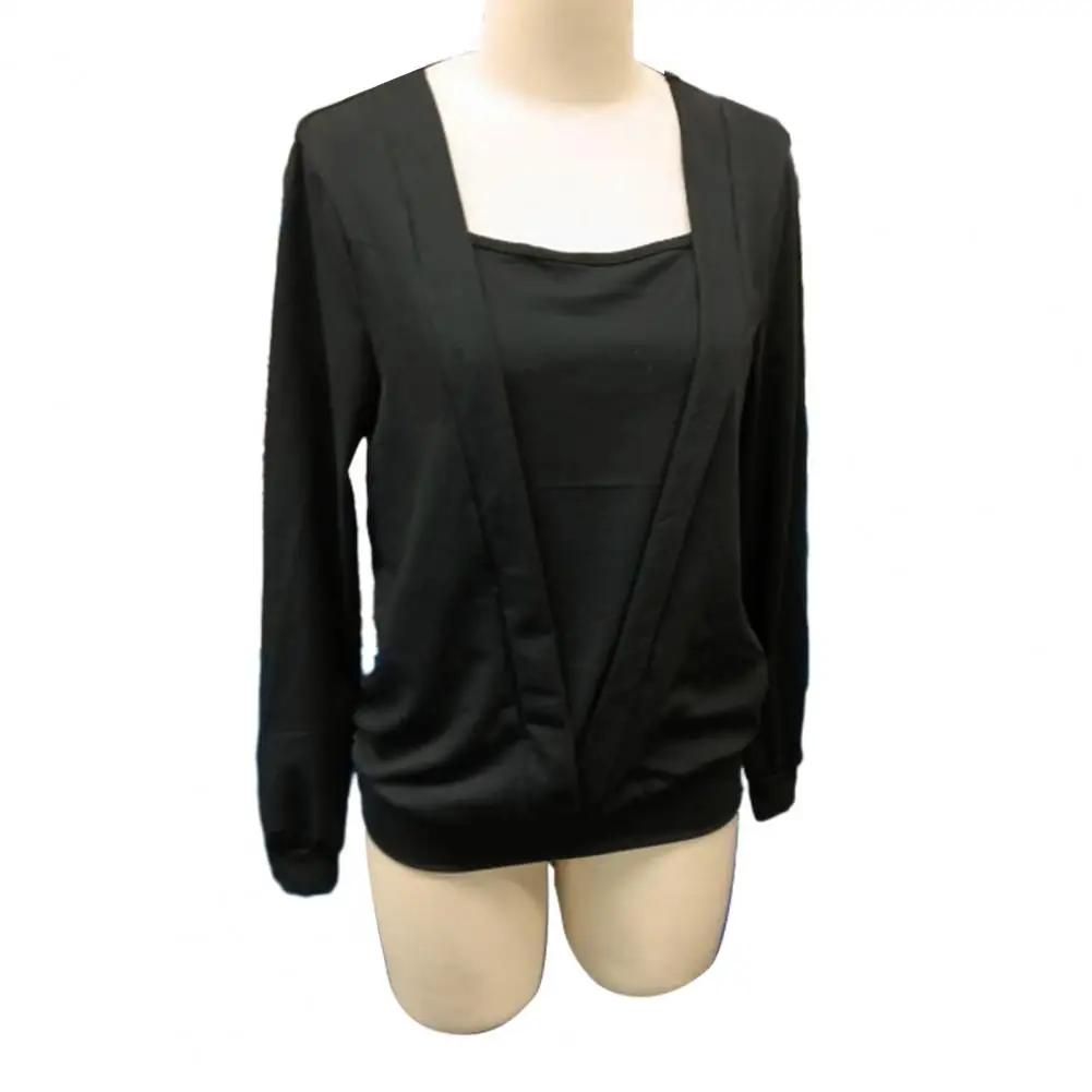 

Long Sleeve Blouse Stylish Square Collar Women's Blouse with Long Sleeve Fake Two-piece Design Solid Color Loose Fit for A