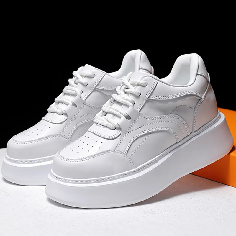 Genuine Leather Women White Shoes Street Fashion Sneakers Breathable Height-Enhancing Thick-Sole Lightweight Platform Shoes