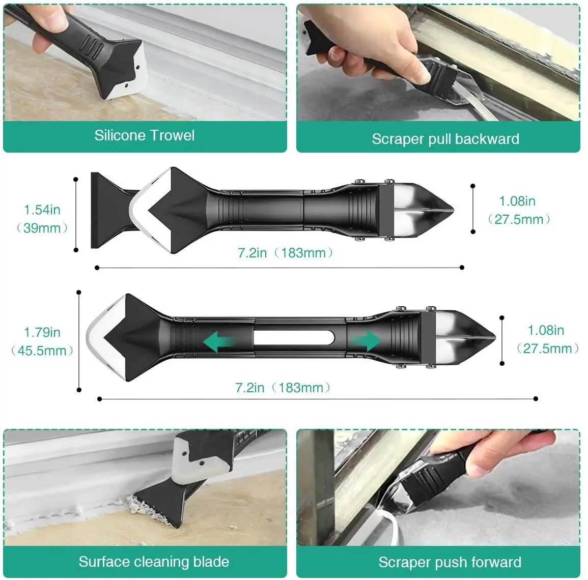 5In1 Silicone Scraper Caulk Tools Glass Glue Angle Scraper Stainless Steelhead Finisher Sealant Scraper Remove Scraper Grout Ki