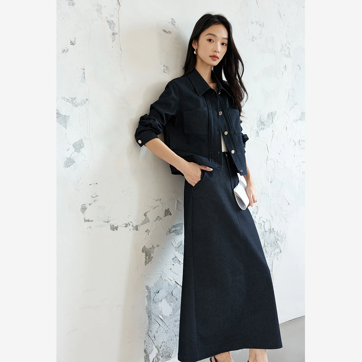 VIMLY Women\'s Vintage Elegant Denim Skirt Set Autumn Long Sleeve Lapel Denim Coat+Split A-line Skirt Office Lady Denim Suits