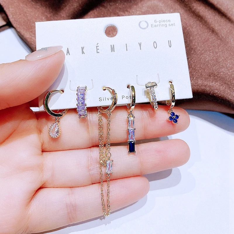 6pcs Purple Blue Stone Geometric Hoop Earrings Set for Women Gold Cubic Zircon Jewelry