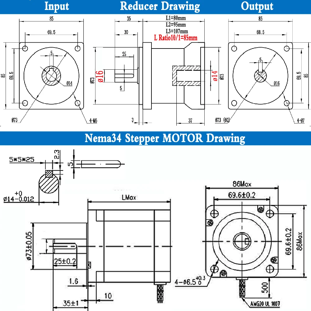 Planetary Reducers Motor Sets 2 phase 86mm Motor 3Nm~12Nm, Speed Ratio 3:1 5:1 10:1~200:1,Nema34 Stepper Motor Gearbox gear Kits