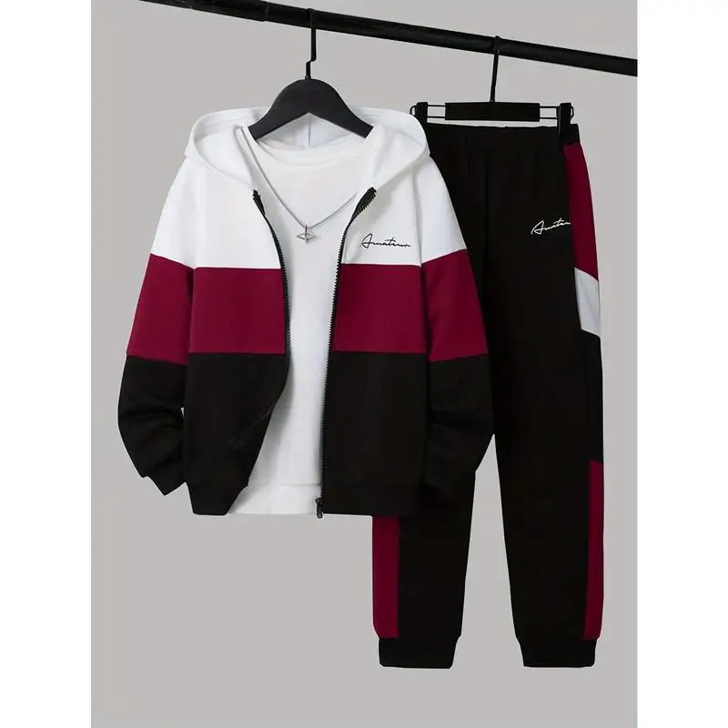 2pcs Boy Letter Colorblock Hooded Jacket Zip up Customizable Children's Clothing Set Other Overseas Region Origin