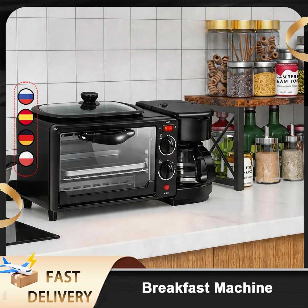 Máquina de Desayuno 3 en 1, Multifuncional, Cafetera Americana, Plancha Teppanyaki, Sartén para Pan y Tostadora