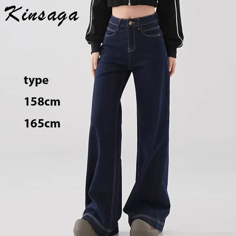 Kinsaga OL Denim Blue Straight Leg Mopping Pants Women Korean Narrow Wide Leg Jeans High Waist Denim Blue Extra Long Trousers