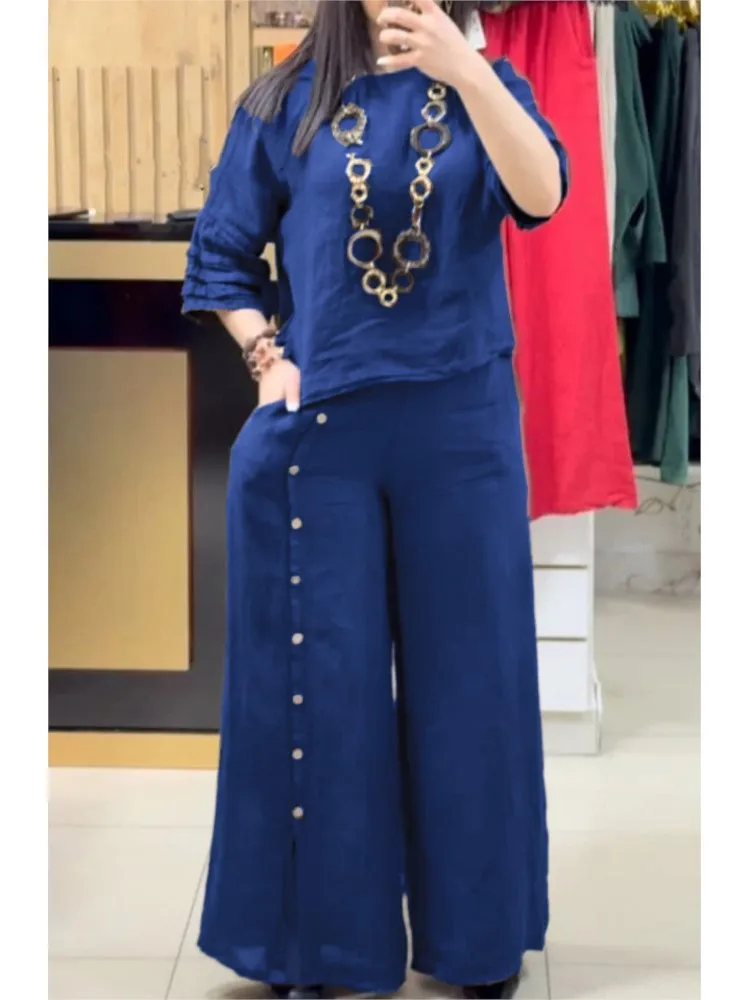 

Women's Fashion Loose Two-piece Set 2025 Summer Casual Dispersive Solid Color 3/4 Sleeve Shirt Button Split Wide Leg Pants Suit