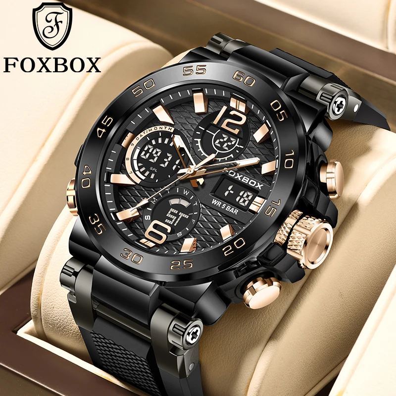 FOXBOX-Montre numérique militaire pour hommes, montre-bracelet étanche, horloge à quartz LED, montre de sport masculine, grandes montres pour hommes