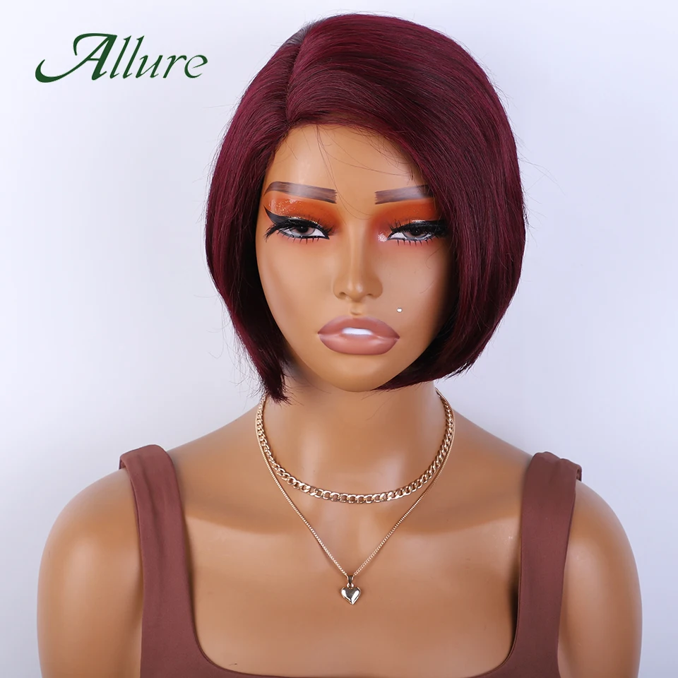 Brazilian Human Hair Lace Wigs For Black Women 99J Colored Hair Short Bob Wig Straight Hair T Part Lace Wigs Preplucked Allure