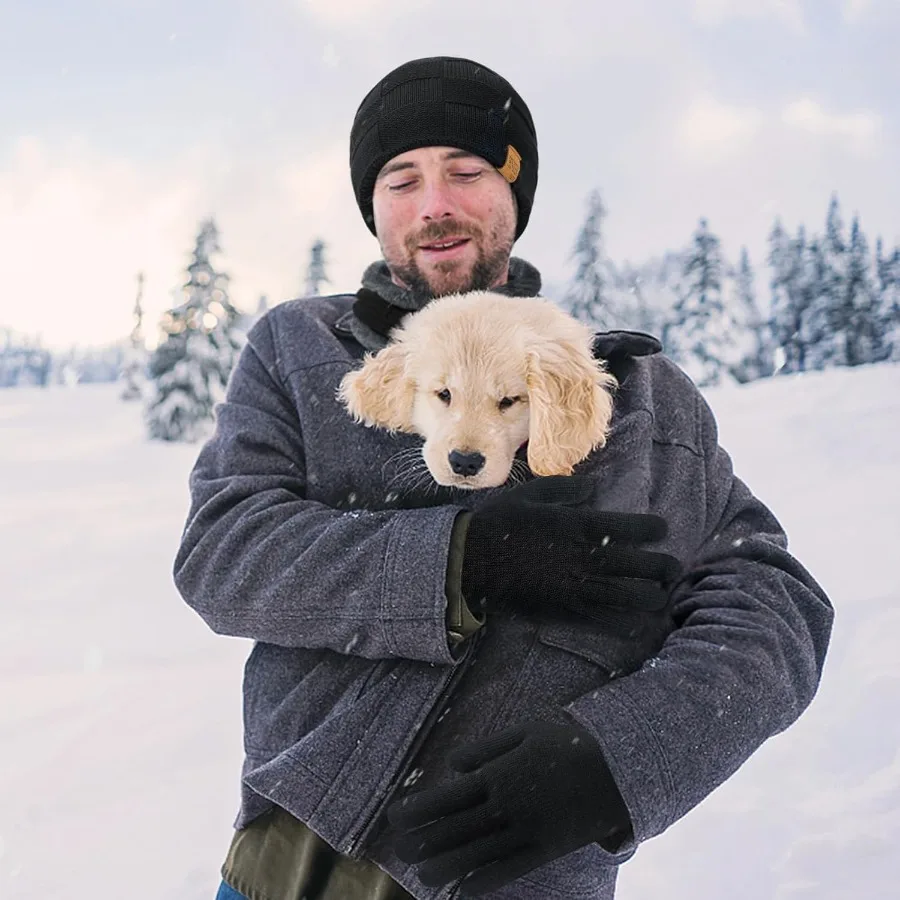 Zimowy zestaw czapka, szalik i rękawiczki dla kobiet i mężczyzn, luźna czapka beanie, ocieplacz na szyję, rękawiczki dotykowe do ekranów do użytku na zewnątrz w chłodne dni.