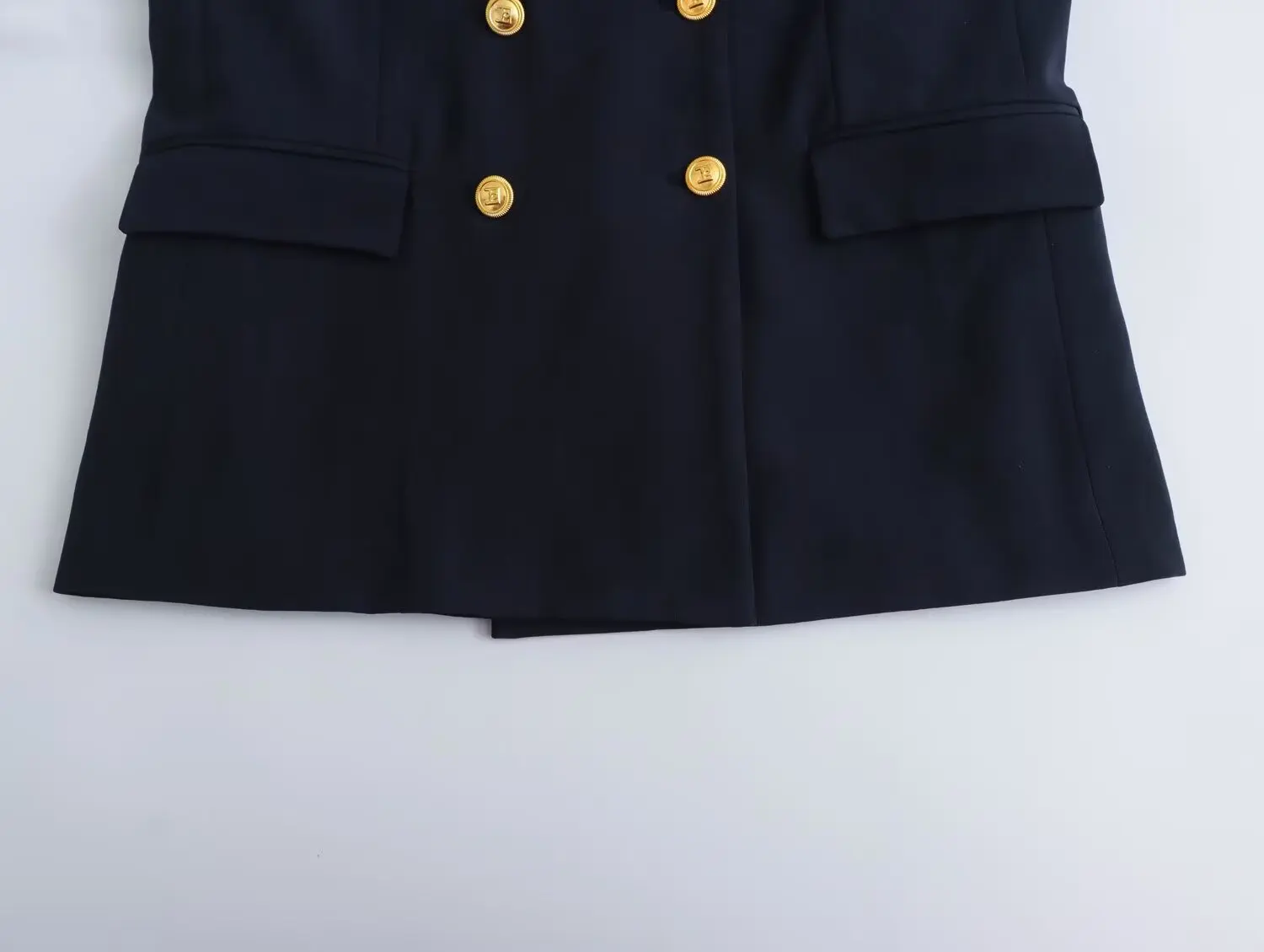 Maxdutti Casual Navy Blue Jacket Gold Buttons Retro Double Breasted Minimalist Fashion Women\'s Suit With Blazers Women