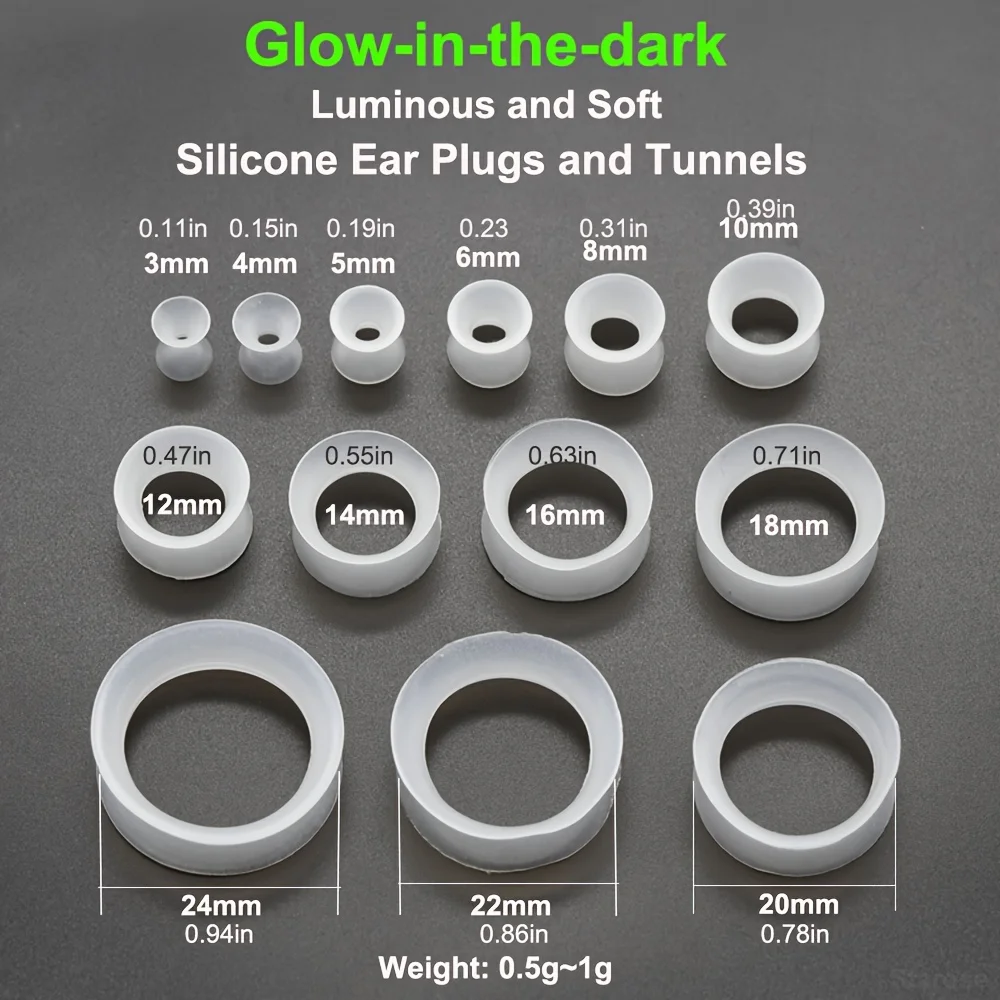 3pcs Glow-in-the-Dark Silicone Ear Gauges Comfortable, Lightweight & Durable Ear Expanders with Double Flare Design Sizes 3-24mm