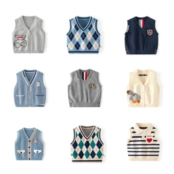 Ins Spring Autumn Children Boy Vest Rhombus Plaid Stretch 100% Cotton Kid Boys Knitwear Striped Versatile Toddler Boy Waistcoat