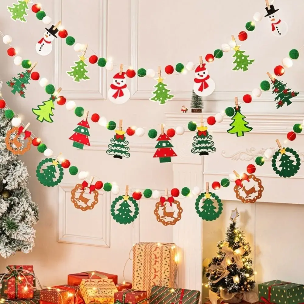 Festive Lights Felt Christmas Banner DIY Handmade Furry Balls Christmas Pendant Decorated Flag Banner Christmas Party