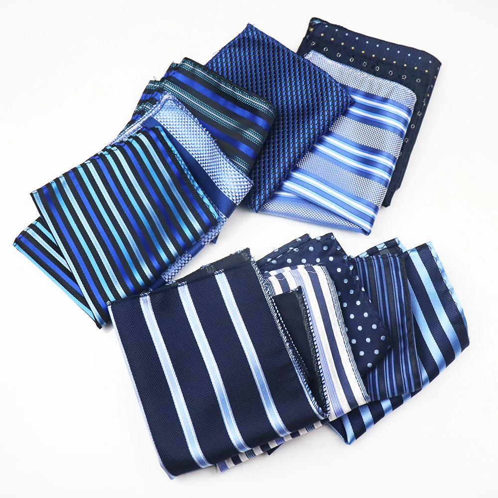 2025 New Classic Navy Blue Color Pocket Square Polyester Woven Striped Polka Dot Handkerchief Wedding Party Meeting Suit Hanky