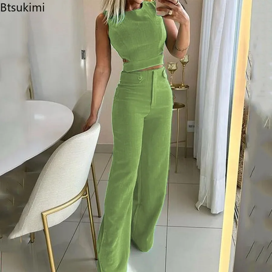 Summer Fashion Women Two Pieces Solid Slim Sleeveless Hollow Out Tops+High Waist Pants Temperament Casual Suits Femme Streetwear