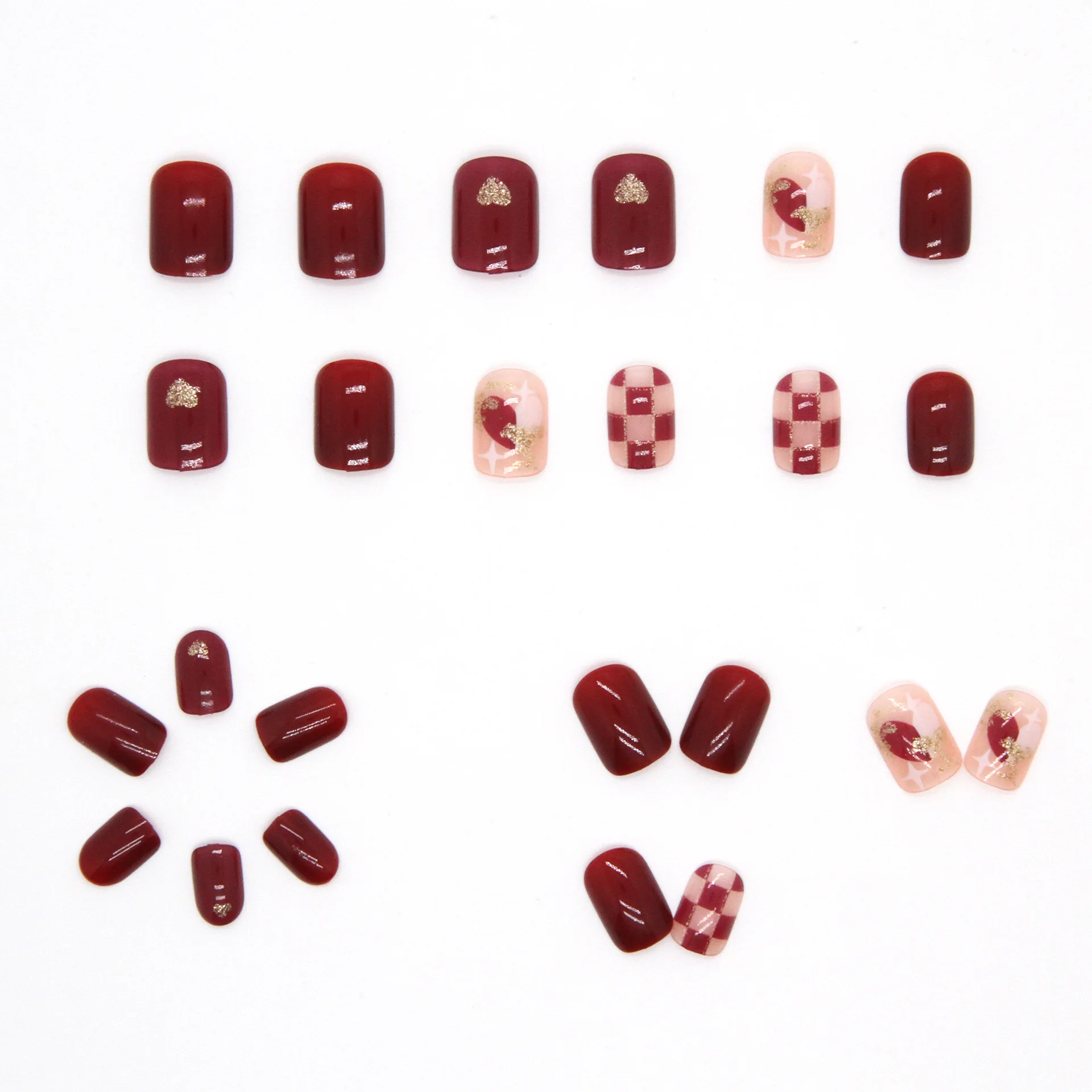 

24pc Edgy Maroon Heart Checkerboard Nails Unique Medium-Short Round Press-Ons Available In Various Sizes
