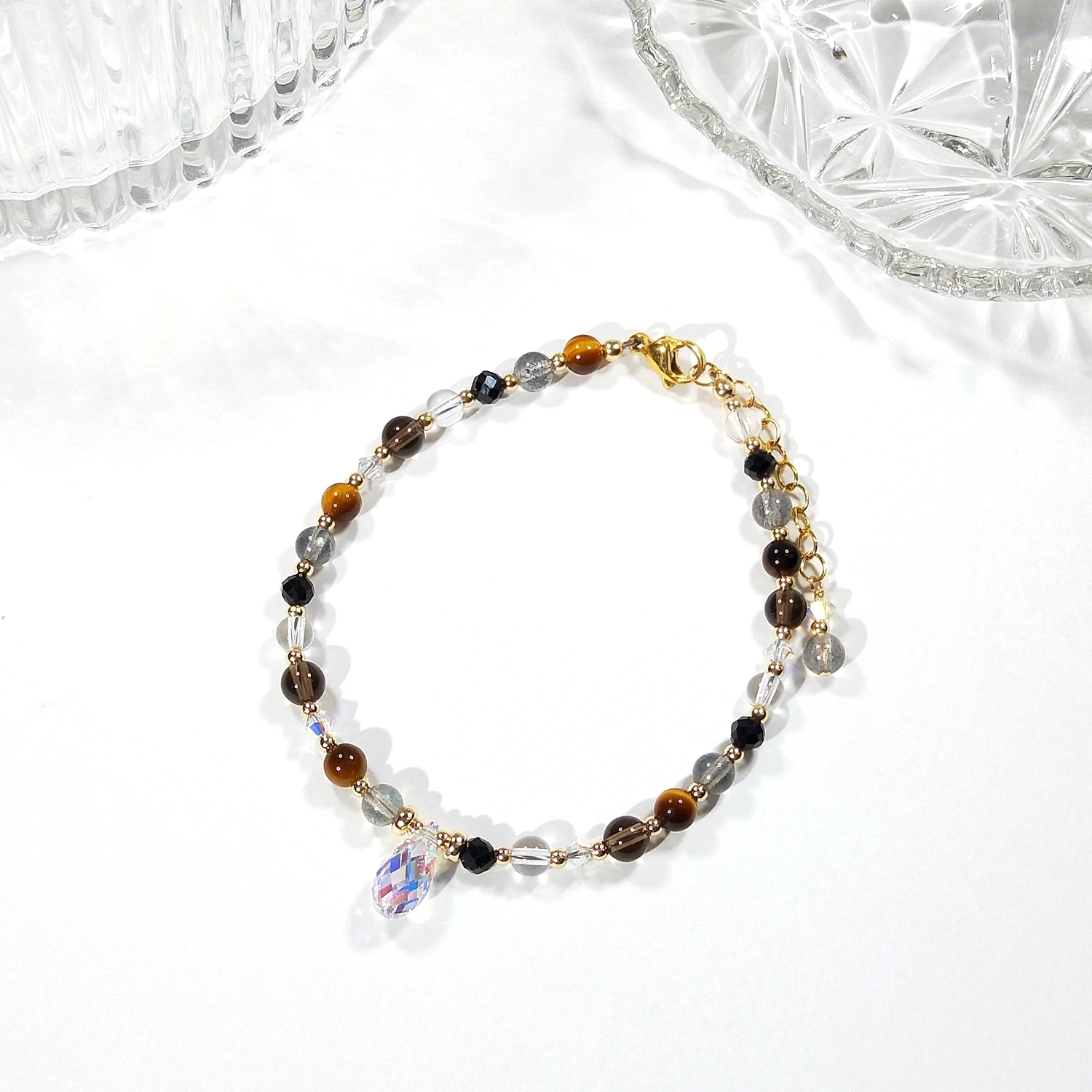 Lii Ji Mix Tiger Eye Labradorite Tourmaline Smoky Quartz Clear Quartz 4mm American 14K Gold Filled Handmade Bracelet