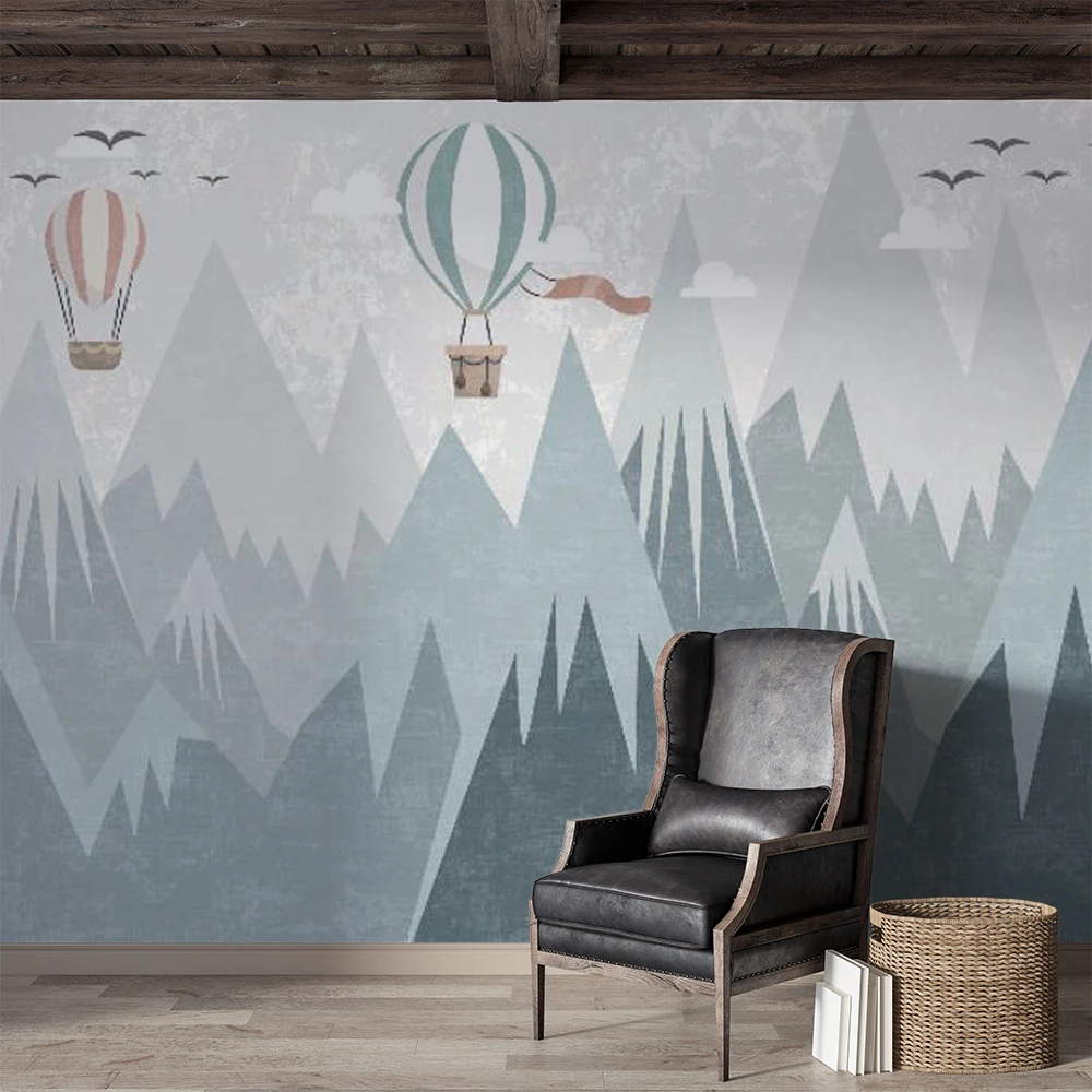 Customized 3D cartoon mountain peak mountain hot air balloon children's room wallpaper