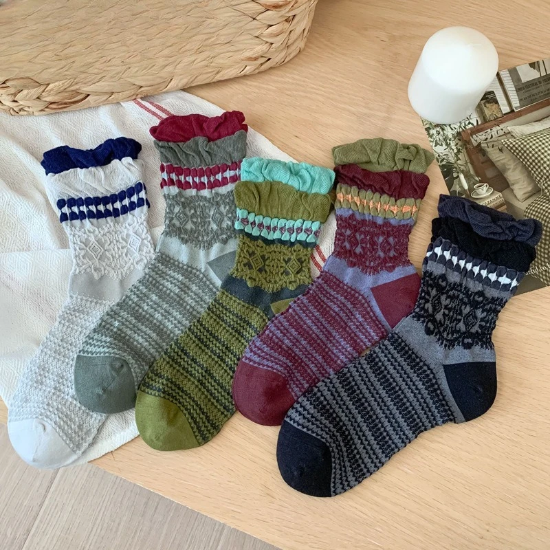 

5-парные модные универсальные винтажные женские носки с изысканными рюшами и милым принтом, осенне-зимние повседневные женские носки