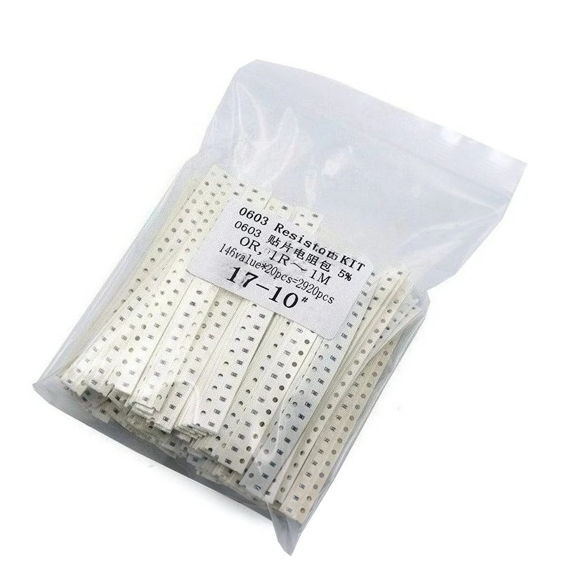 

Набор SMD-резисторов 0603, 2920 шт., 146 номиналов, 0 Ом - 1 МОм, допуск 5%, комплект чип-резисторов