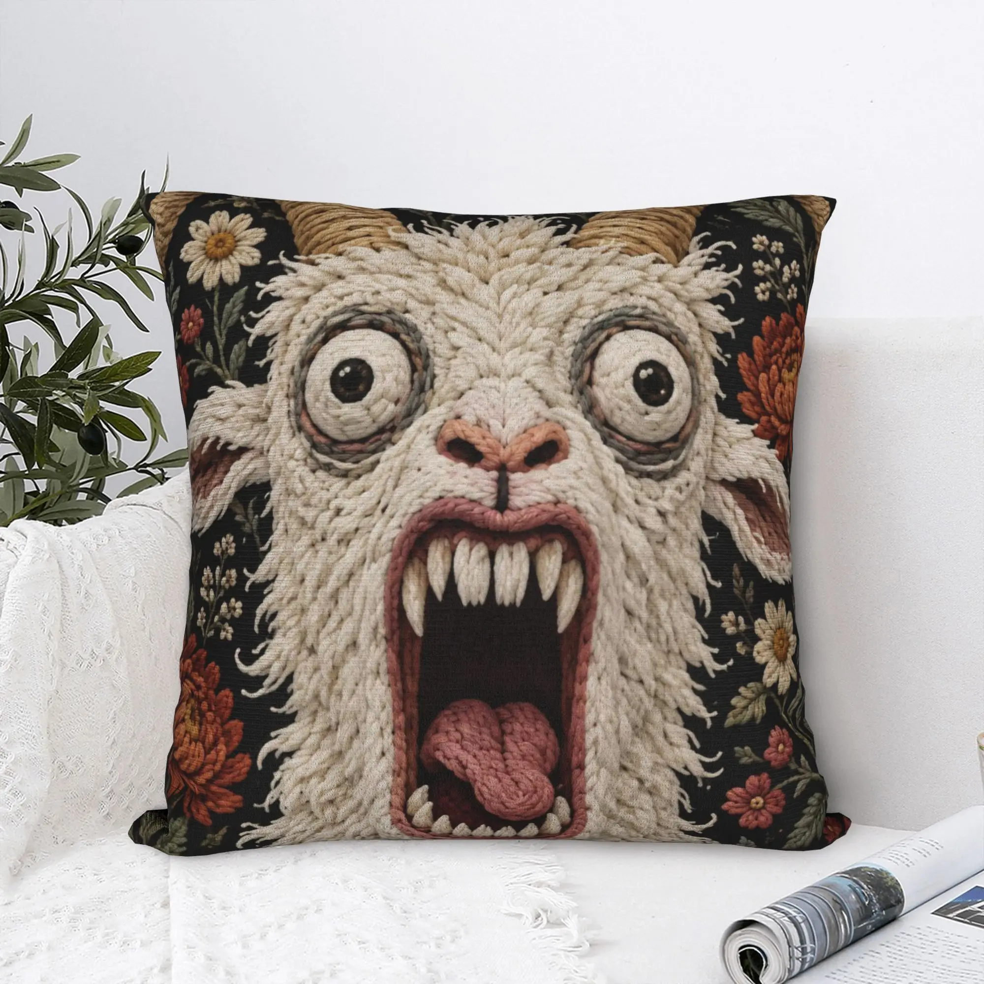 Screaming Goat Horror Gothic Floral Pillowcase Printing Polyester Cushion Cover Gift Dark Humor Throw Pillow Case Cover Square
