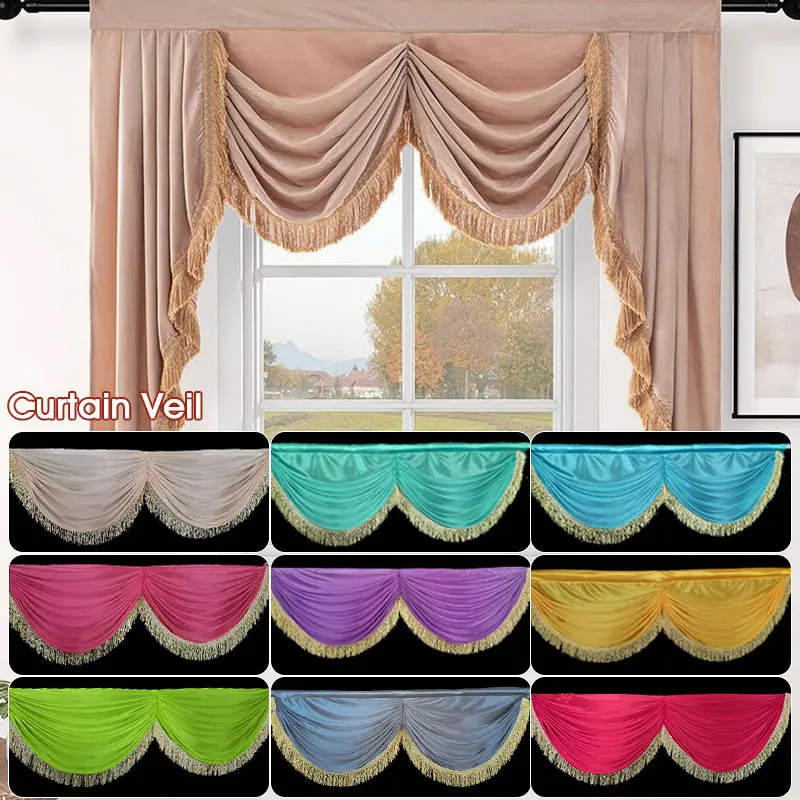 5M Golden Fringed Silk Edge Curtain Valance Swag Backdrop Wedding Party Stage Background Decoration Home European Curtain Head