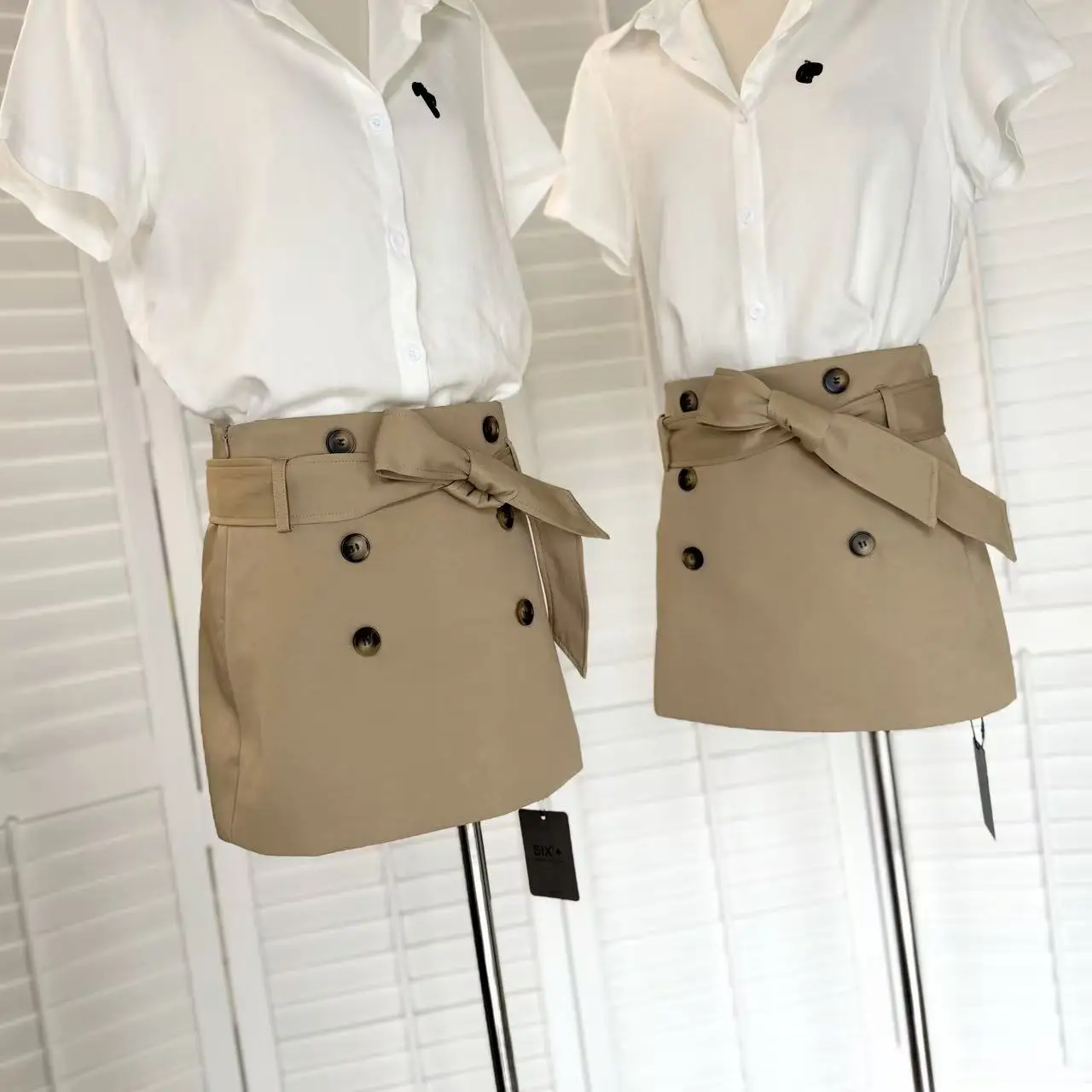 Women's Summer Streetwear Double Breasted A Line Short Skirt Lady High Waist Solid Color Mini Skirt