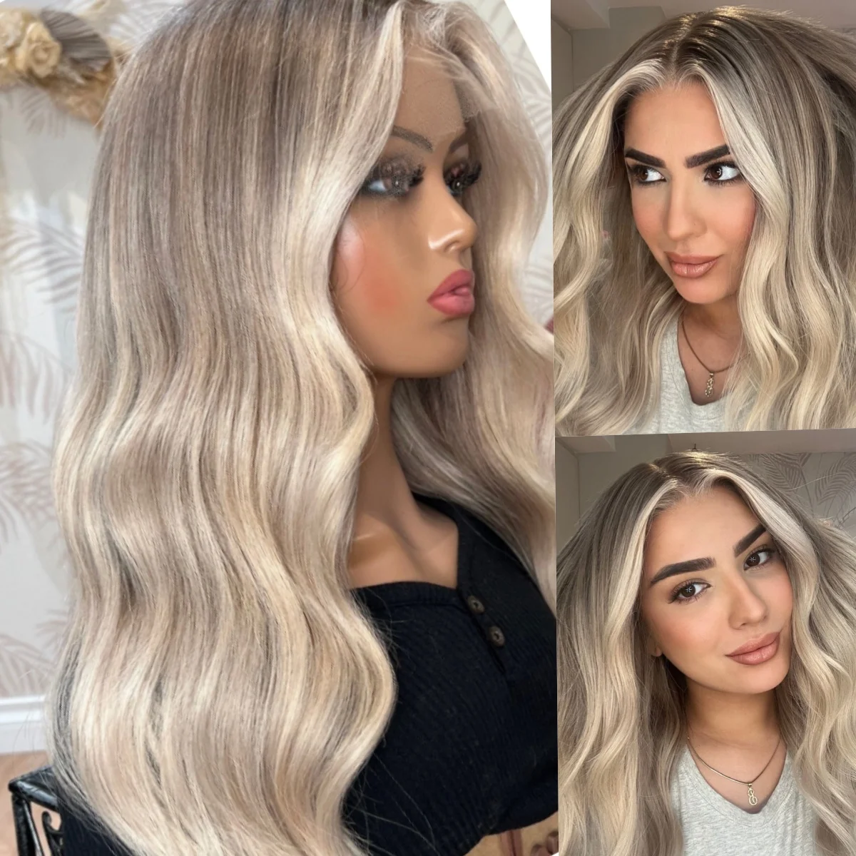 Perruque Lace Wig synthétique Body Wave sans colle à reflets cendrés, perruque Lace Wig pour femmes, Fiber résistante à la chaleur, utilisation quotidienne