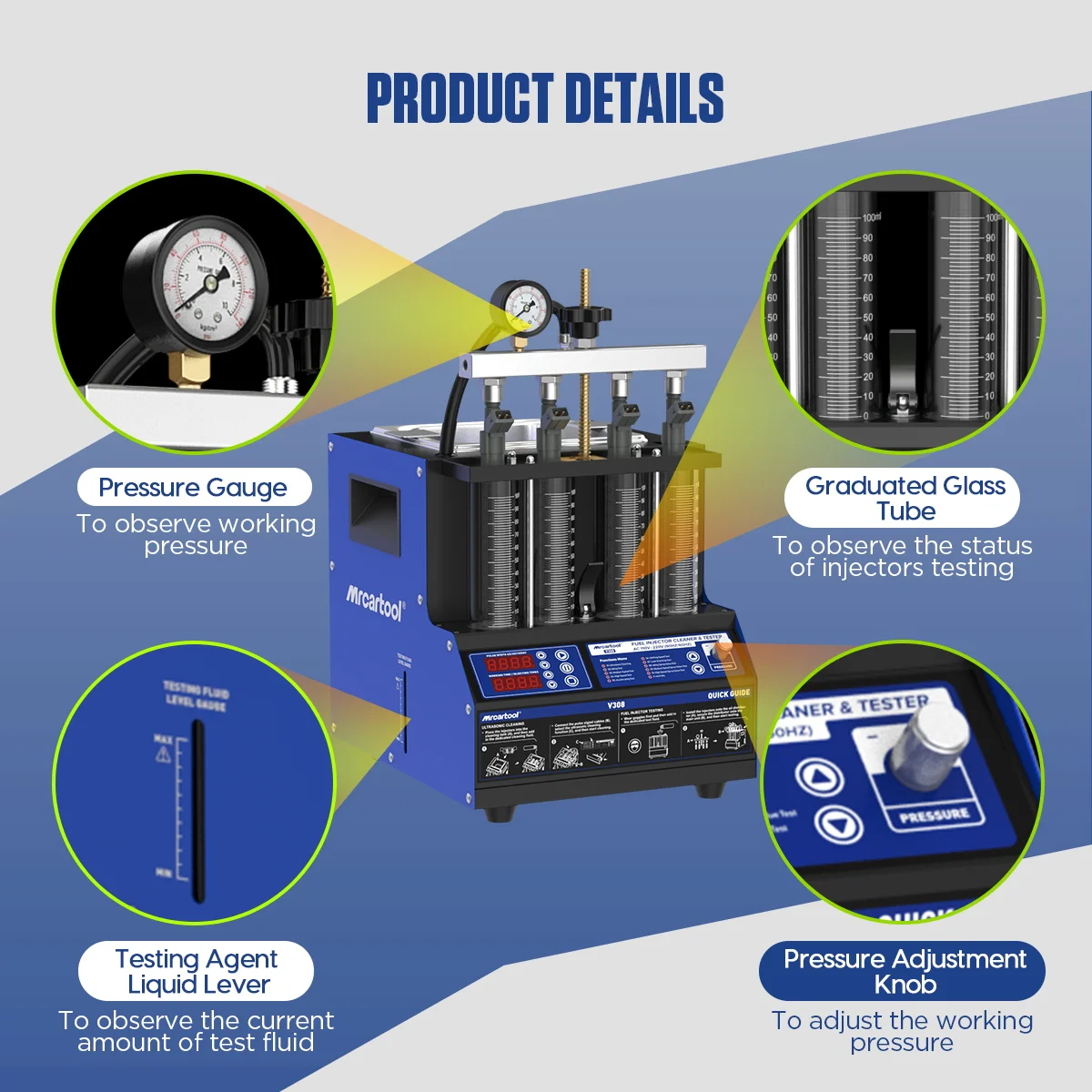 MR CARTOOL V308 Ultraschall-Kraftstoffeinspritzdüsen-Reinigungsgerät 4 Zylinder 110V 220V Kraftstoffeinspritzdüsen-Heizreiniger und -Tester für Auto und Motorrad – Detail 10