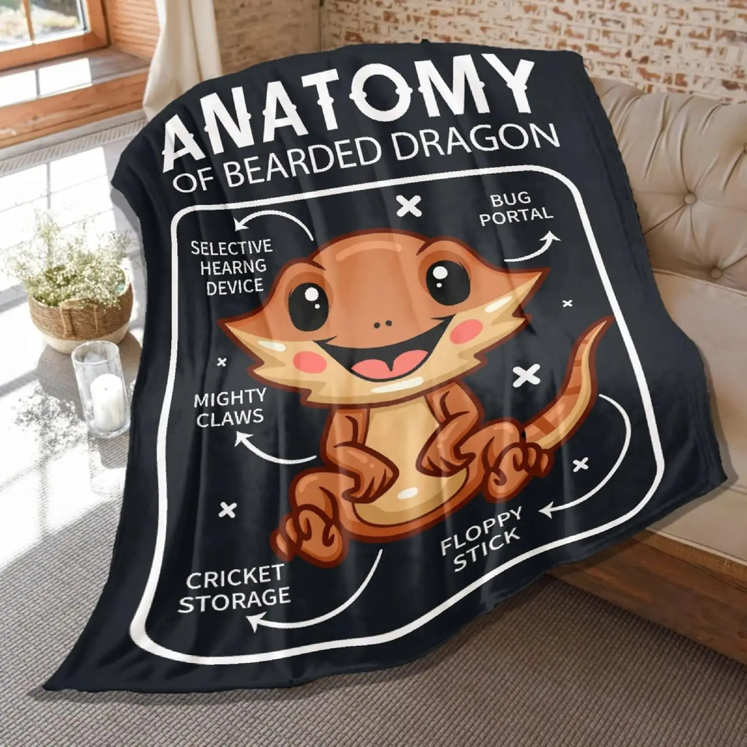 Bearded Dragon Anatomy Flannel Blanket – Soft Reptile Print Throw for Kids’ Bed or Sofa Decor