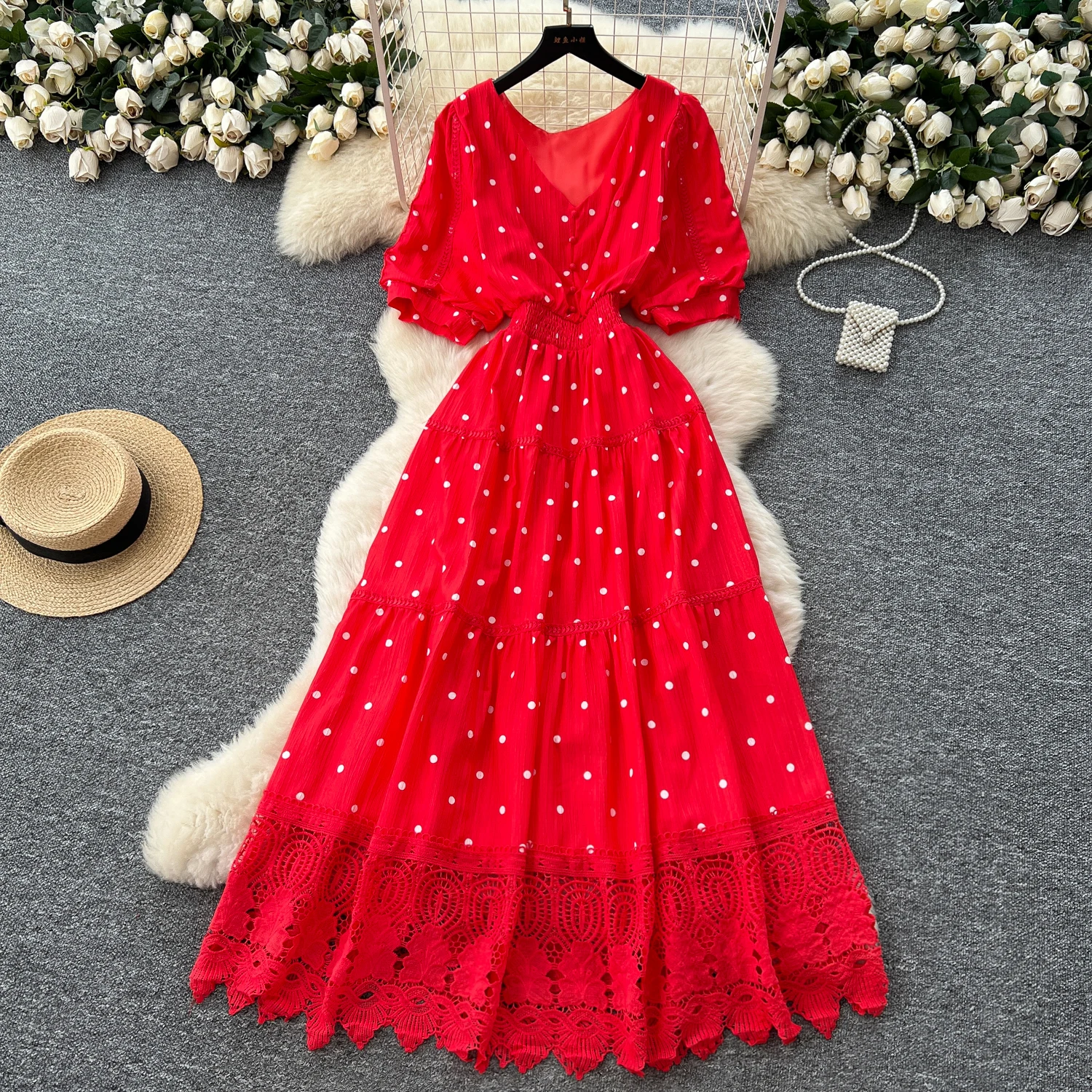 Chic Polka Dot Puffärmel Spitze A-Linie Fairycore Elegante Abendparty Damenmode Vintage Vestidos Kleid