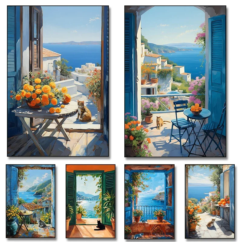 Multiple sizes 1pc frameless Canvas Painting Amalfi Coast Italy Cute Cat By The Window Poster Canvas Painting Print Wall Art Pic