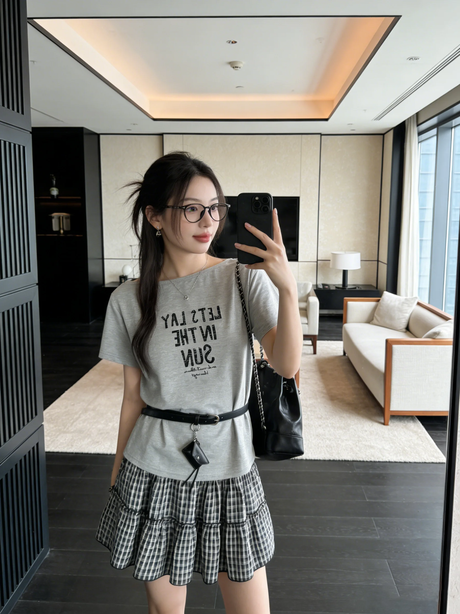 

Korean Style College Fashion Short Sleeve Printed T-Shirt High Waist Plaid Cake Skirt Set Age Reduction Shoulder Tilted Summe...